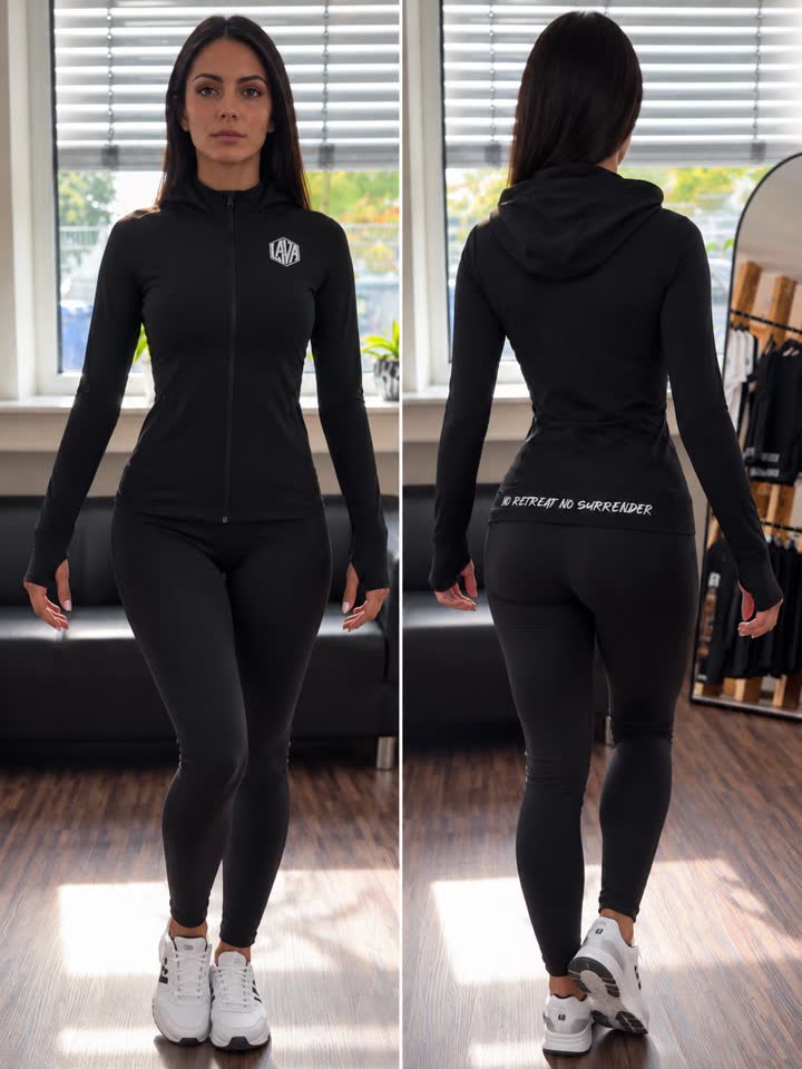 Frau in schwarzer LAVA Trainingsjacke und Leggings, Vorder- und Rückansicht